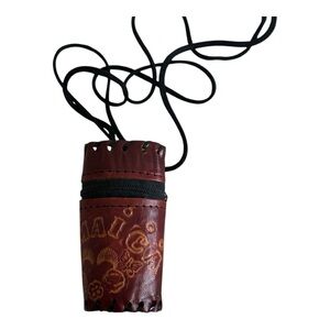 Jamaican Handmade Leather Engraved Cylinder MIni Purse with Neck Cord W Brown